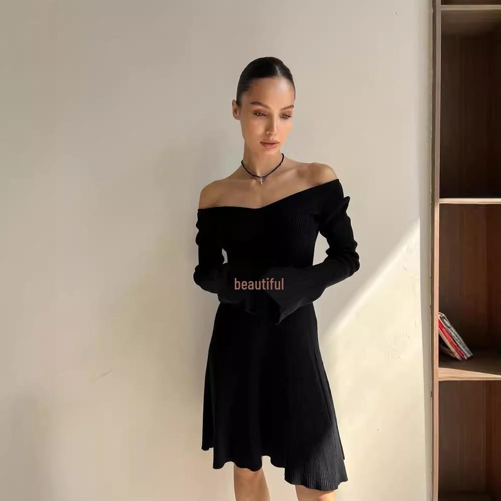 Off-Shoulder Long Sleeve Sweater Dress - Sexy Knit A-Line Short Skirt for Fall/Winter