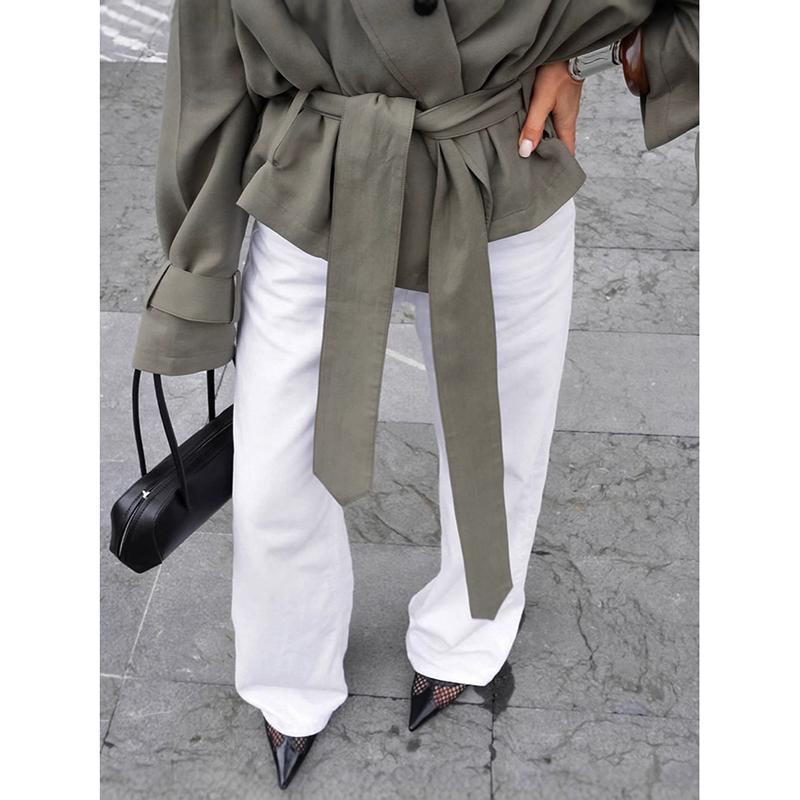 Damen Einfarbig Langarm Schnürjacke Mode Einfarbig Revers Gürtel Kurz Locker Trenchcoat Herbst Täglich High Street Oberbekleidung