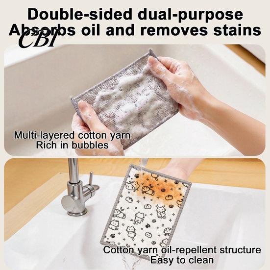 Dual-Purpose Pot And Pan Scrubber 5Pcs Cleaning Rags, Double-Sided Cartoon Cotton Gauze Steel Wire Grease-Resistant Towel for Kitchen Oil Stains,