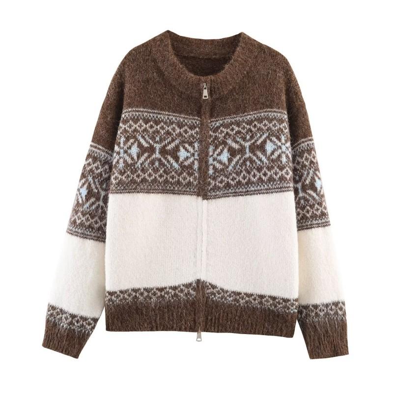 FH5152 Womens Knit Cardigan Fall Winter Premium Double Zip Jacquard Sweater