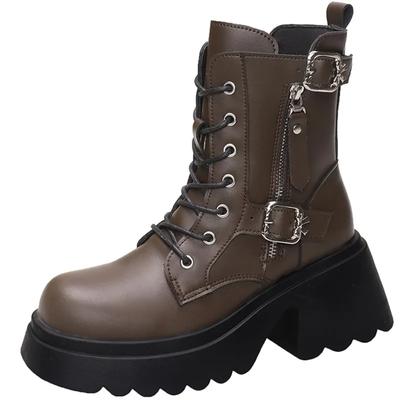 Fashion Cool British Style Lace-up Boots for Women Autumn New Style Thick Heel Thick Sole Belt Buckle Front Lace Up Leather Short Boots