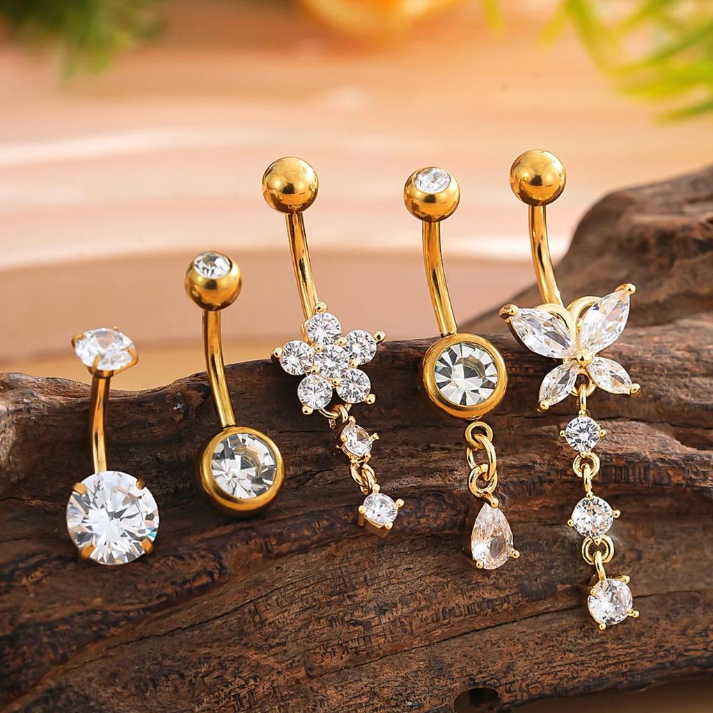 5PCS Belly Button Rings Women 14G Dangle Navel Piercing Jewelry Set Stainless Steel Zircon Butterfly Teardrop Flower Gold/Silver