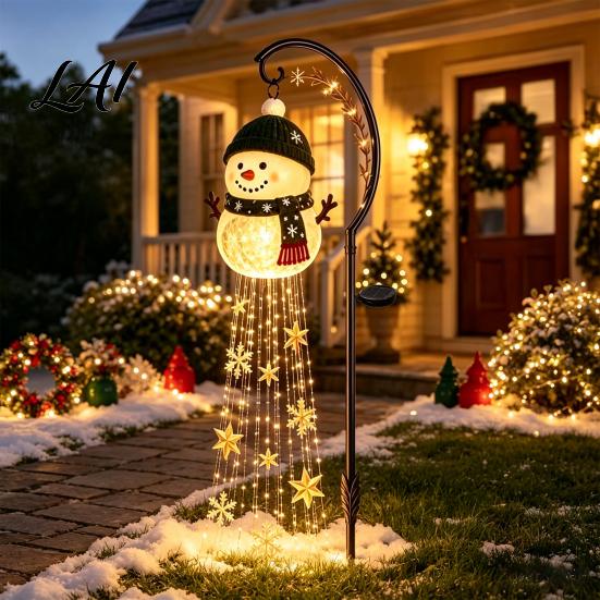 Metal Iron Garden Art Ornaments Solar Powered Christmas Light Outdoor Stake Festive Scene Decor Star Snowflake Waterfall String Lamp Holiday
