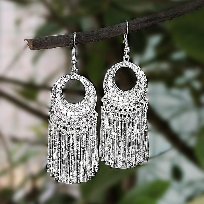 Imitation Miao Silver Ethnic Long Leaf Tassel Dangle Earrings