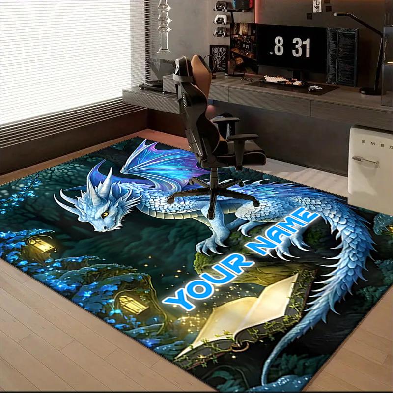 1PC Custom Name Blue Dragon Fantasy Forest Theme Floor Mat Ideal for Living Room, Game Rooms, Office, Bedroom,Floor Mat Playful Design