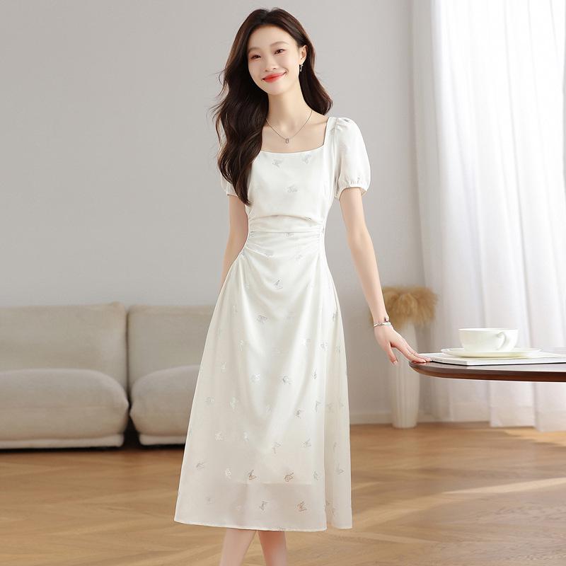 Elegant French White Summer Dress - Designer Style, Slim Fit, Long Skirt