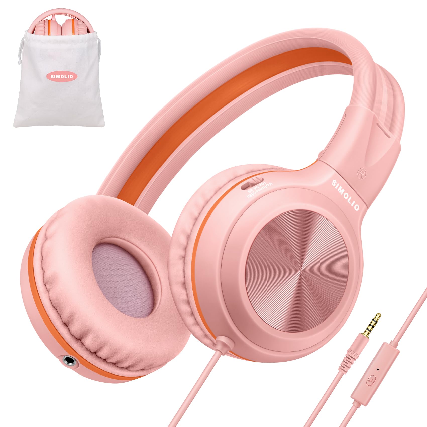 

SIMOLIO Wired Headphones with 104dB Volume Foldable Lightweight Headset with Share Jack for 904P Girls Mic, 85dB, 94dB, Limits, & Bag, Kids, School, рожевий