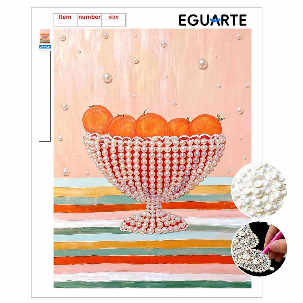Easy DIY Framed Pearl Bead Painting Kit with Orange Fruit in Bowl Pattern 3D Sparkling Canvas Art for Home Decoration Gift Idea