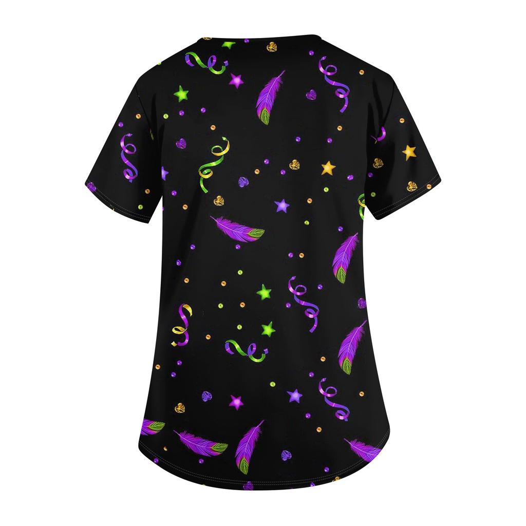 Niedlich bedruckte Arbeitskleidung für Damen, V-Ausschnitt, doppellagige Taschen, Basic-Kurzarm-Oberteil, Pullover