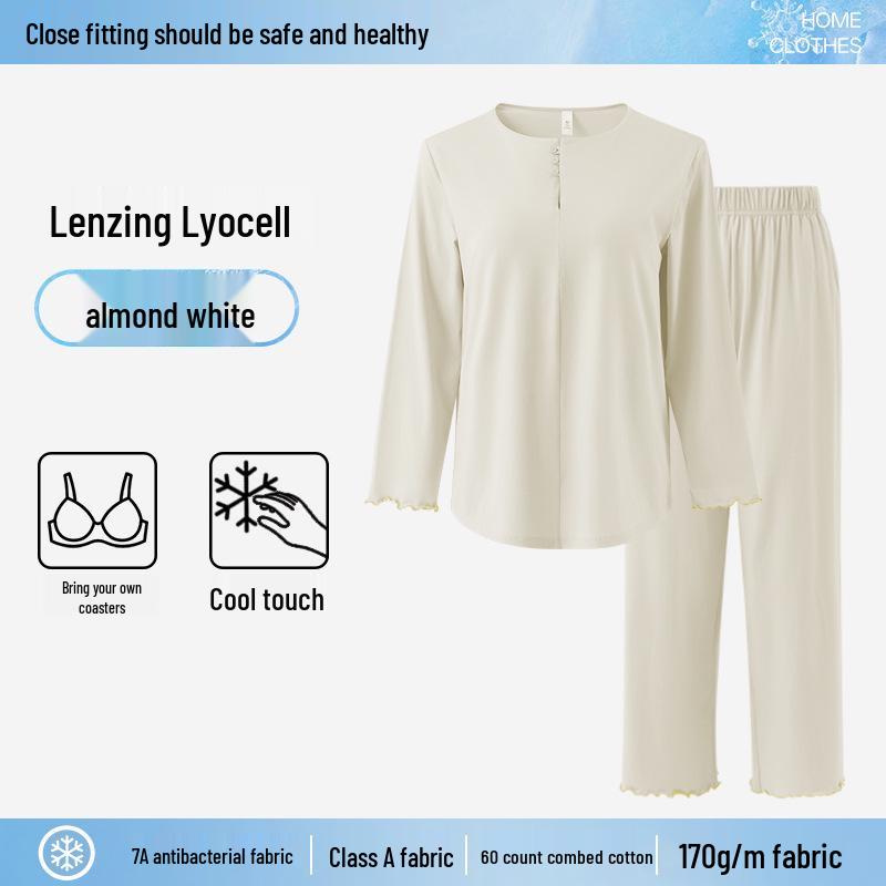 

Летний женский комплект класса люкс: Топ с длинным рукавом и брюки в китайском стиле с нагрудной вставкой, пижама из лиоцелла и хлопка M (90-110 lbs)