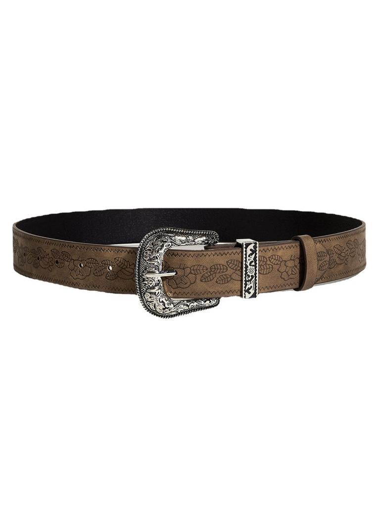 European And American Style Brown Textured Unique Pin Buckle Belt With Special Printed Floral Pattern Unisex 103cm