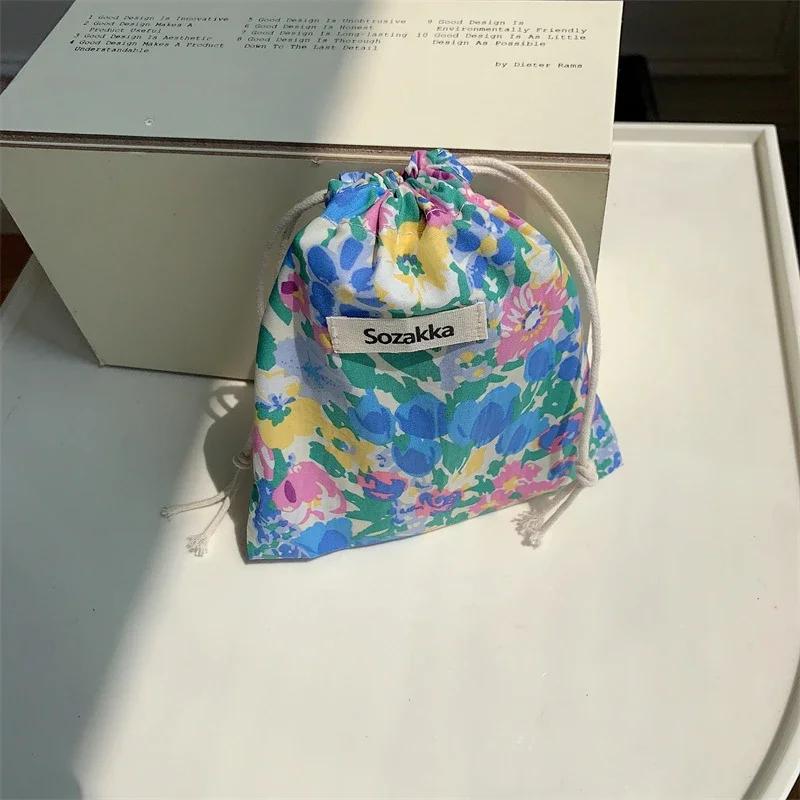 Floral Print Drawstring Coin Purse Lipstick Makeup Bag Travel Organizer Keys Earphone Storage Bag Makeup Pouch Cute Purse Wallet