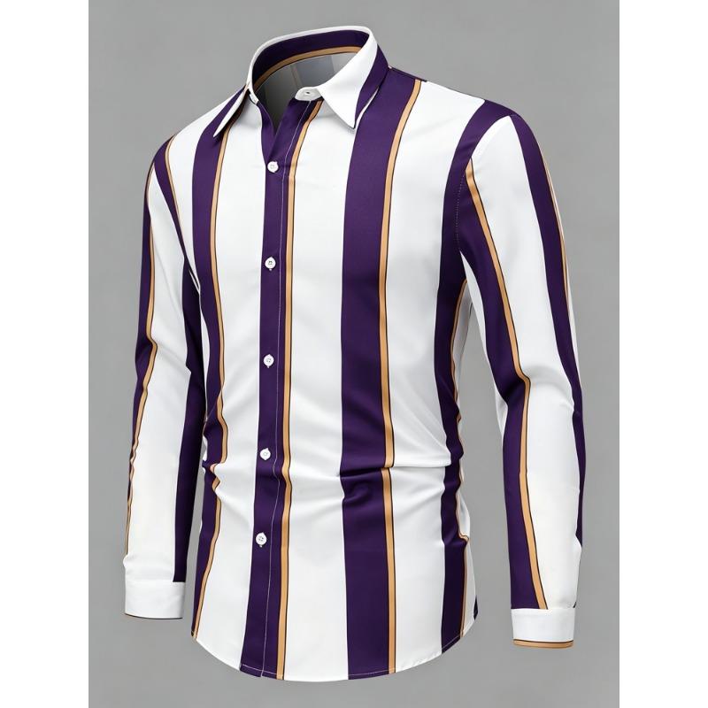 Men's Olive Green Vertical Striped Long Sleeved Shirt with Collar, European and American Business Daily Casual Versatile Top