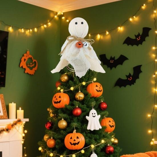 Halloween Ghost Tree Topper 7 Inch Small White Cloth Ghost Treetop Ornament with Bells for Home Party Supplies