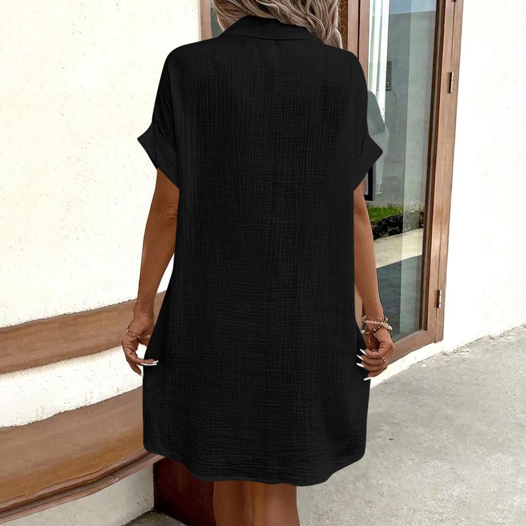 Damen V-Ausschnitt Knopf Kurzarm Kleid mit Taschen Lockerer Schnitt Lässiges Leichtes Tunika-Kleid für den täglichen Gebrauch