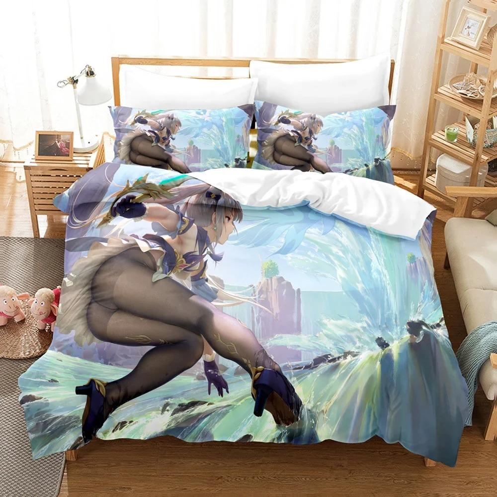 3D Printed Genshin Impact Bedding Set Winter Warm Polyester Quilt Cover Cartoon Game Design 3PCS