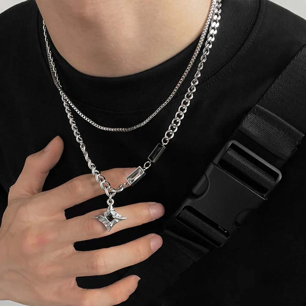 Hip Hop Zircon Double Layer Star Pendant Necklace Geometric Metal Chain Trendy Unisex Jewelry