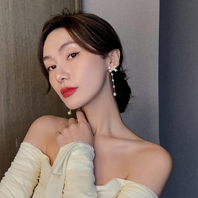 Elegant Bow Pearl Tassel Long Earrings Party Girls 'Luxury Jewelry Korean Fashion Accessories Drop Earrings For Woman