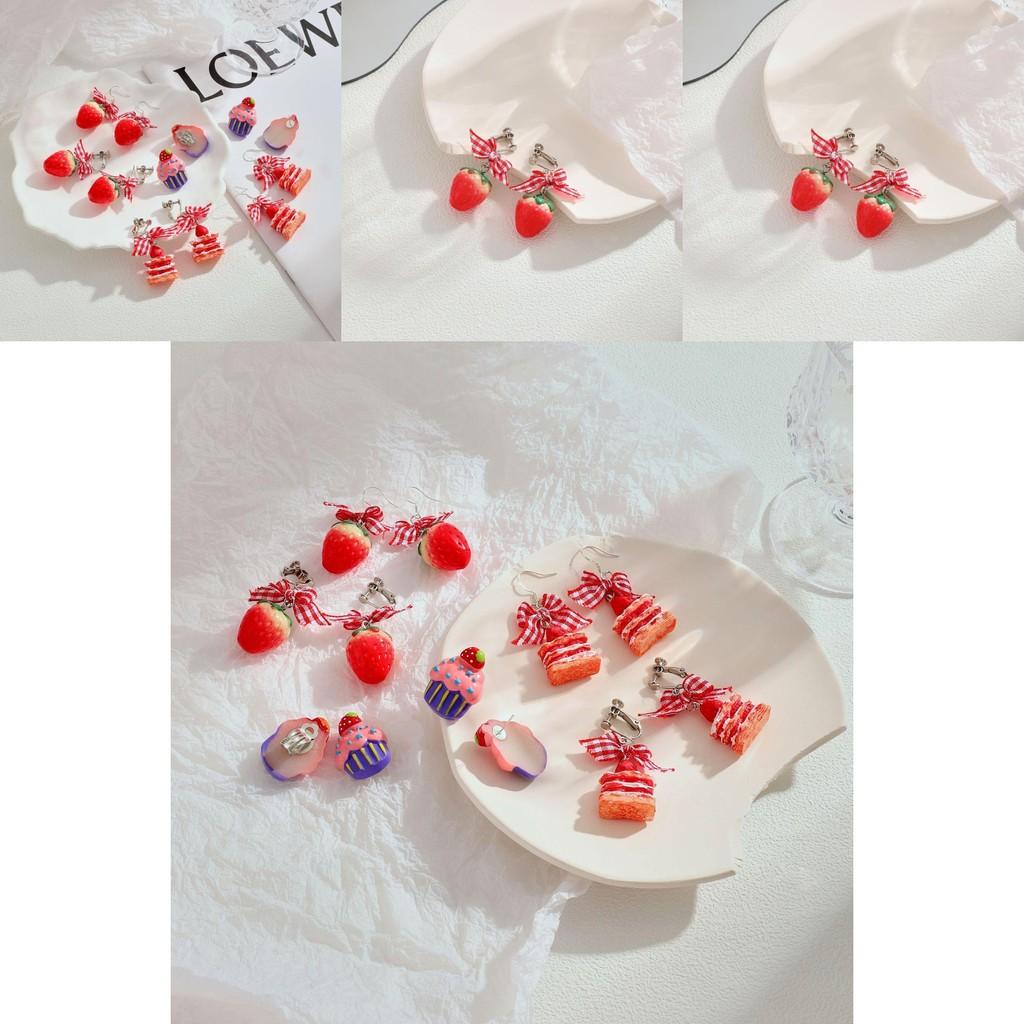 Strawberry Cake Earrings Adorable Girls Sweet Bow Design Non Pierced Ear Clips