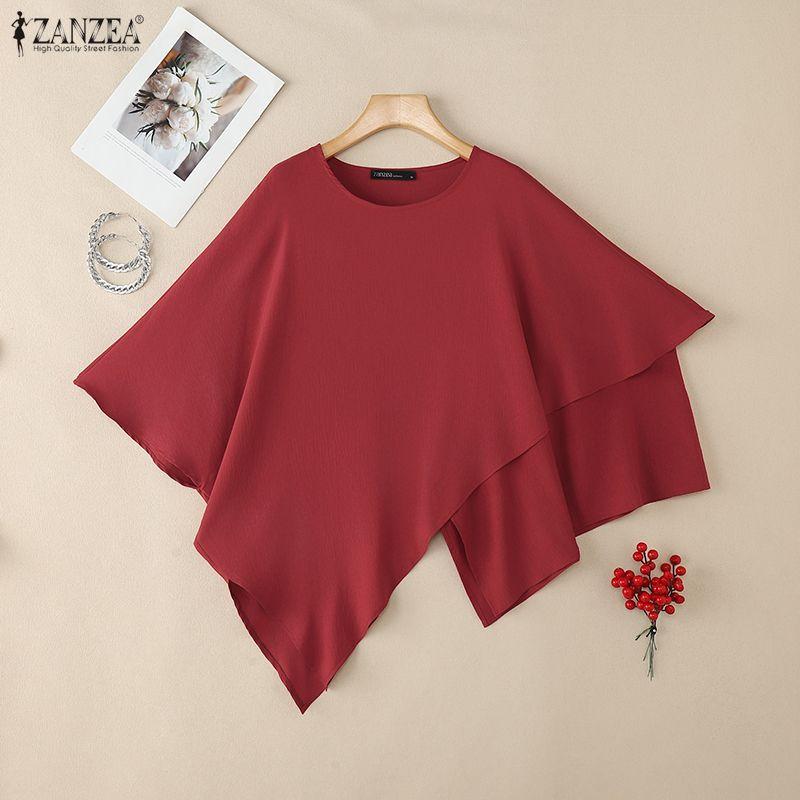 ZANZEA Women Casual Round Neck Summer Half Sleeve Irregular Hem Blouse