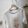 Camiseta de Algodão Feminina de Verão com Estampa de Coelho de Desenho Animado: Solto, Confortável, Manga Curta, Comprimento Médio