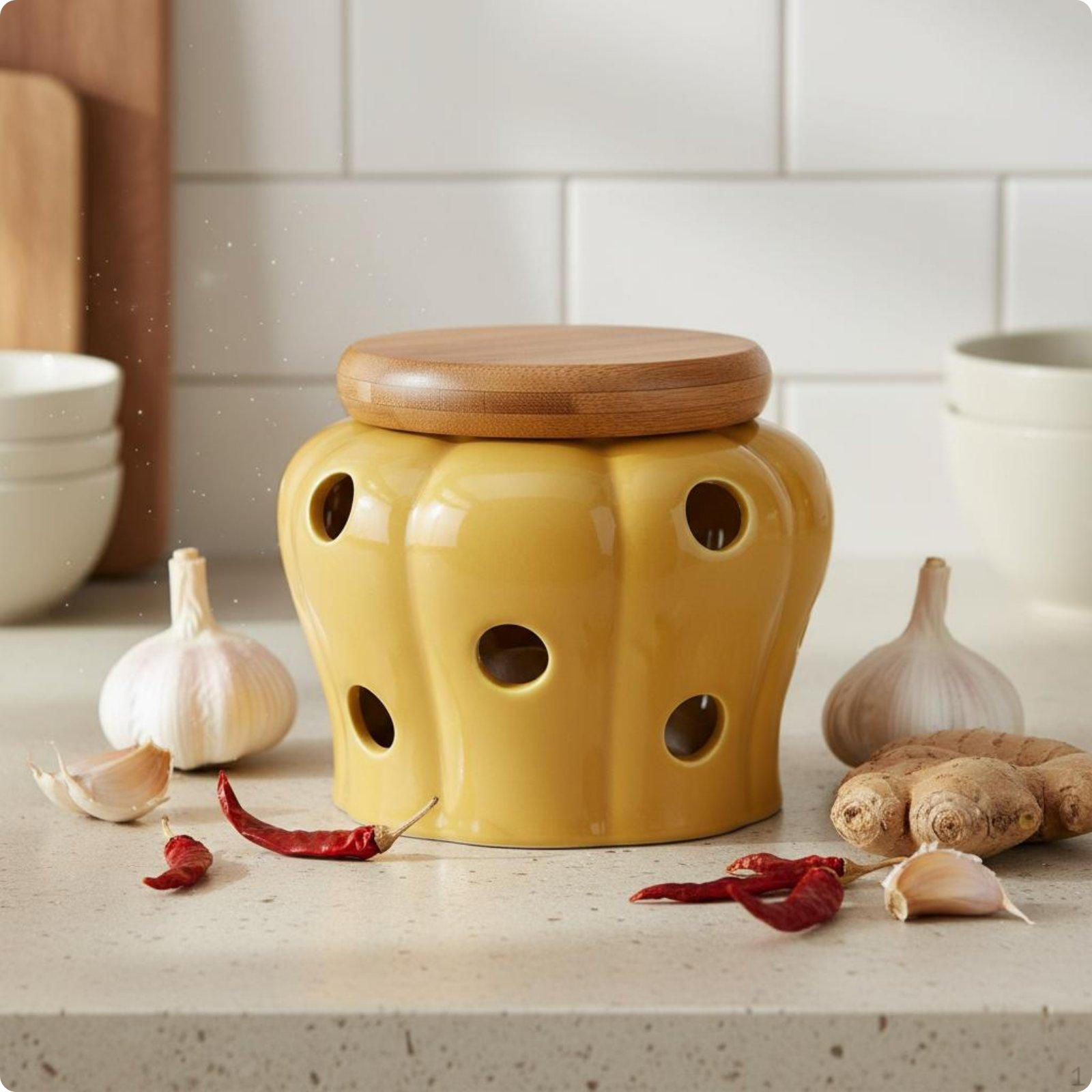 Countertop Garlic Storage Large Capacity and Ginger Container Keeps Produce Fresh Ceramic Yellow