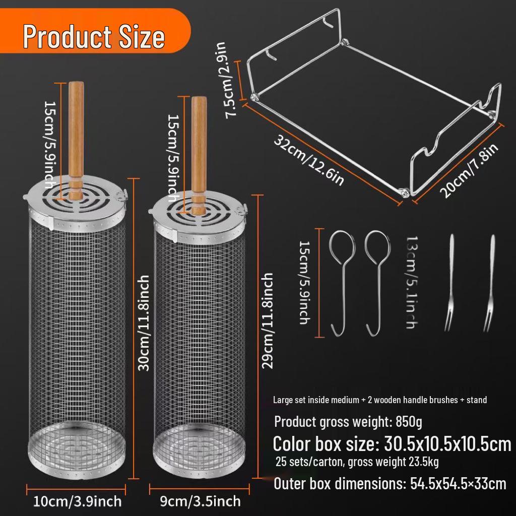 Outdoor BBQ Rolling Grill Basket, 304 Stainless Steel Barbecue Cylinder Net Cage.