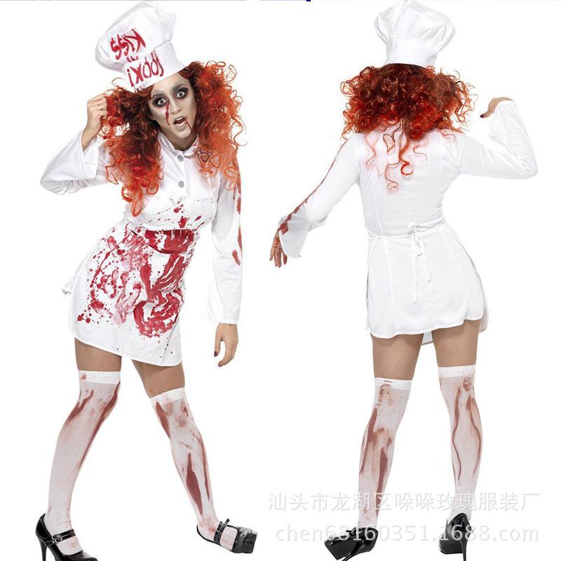 Neues Halloween Horror Blutiger Koch Kostüm, Halloween Verkleidungskostümset Blutiges Köchinnenkostüm