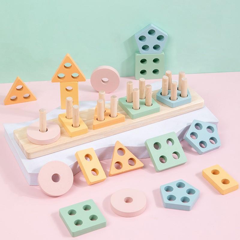 Children'S Wooden Baby Early Education Montessori Geometry Five Sets Of Columns Shape Pairing Intellectual Development Educational Toys