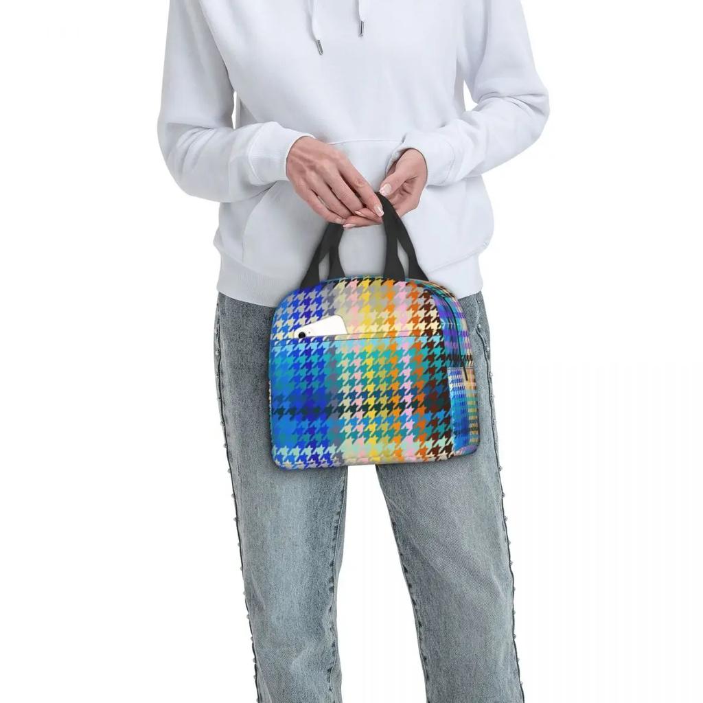 Hounds Tooth Style Houndstooth Insulated Lunch Bags for Work School Dogstooth Waterproof Thermal Cooler Lunch Box Women Kids