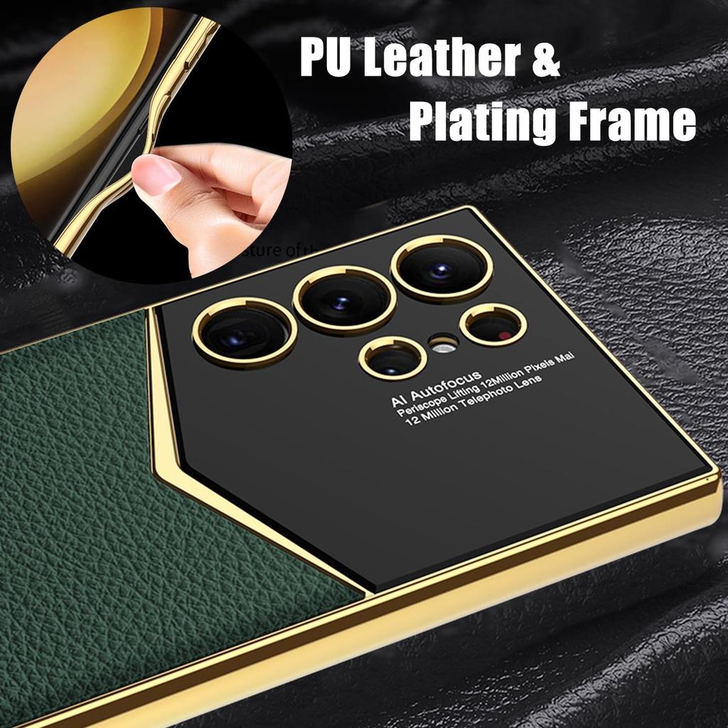 Leather Case for Samsung Galaxy S24 Ultra with Electroplated Frame, Vintage Luxury PU Non-Slip Grip Shockproof Full Body Protective Cover Phone Cases