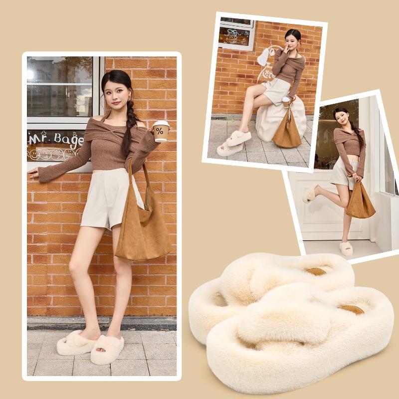 Crossed fluffy slippers women's outer wear new indoor home thick-soled fluffy plush shoes autumn and winter models