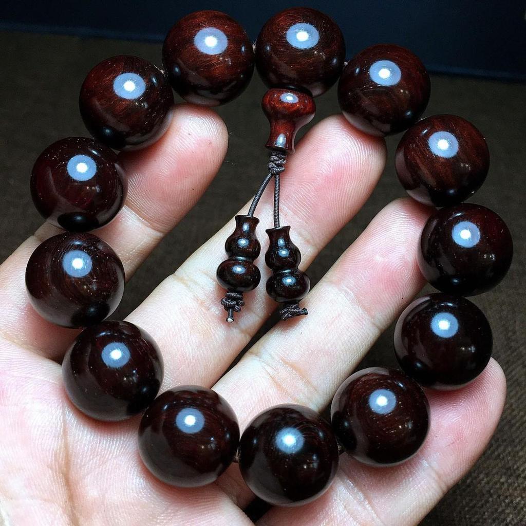 Red Sandalwood Bracelet: Small-Leaf, Golden Patina, Weathered Grain, Literary Style with 13 Prayer Beads. Perfect for Couples.