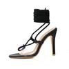 Women Heeled Black White Sandals Dressy Wrap Bandage Summer 2025 Shoes PVC Simple Footwear