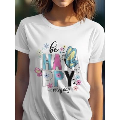 Wo Atmungsaktives Trend Klassisches T-Shirt Bunter Glücklicher Slogan und Naturdruck Tee Weiß Kurzarm Rundhals Sommer Bequem Leichte Dehnung Oberteile