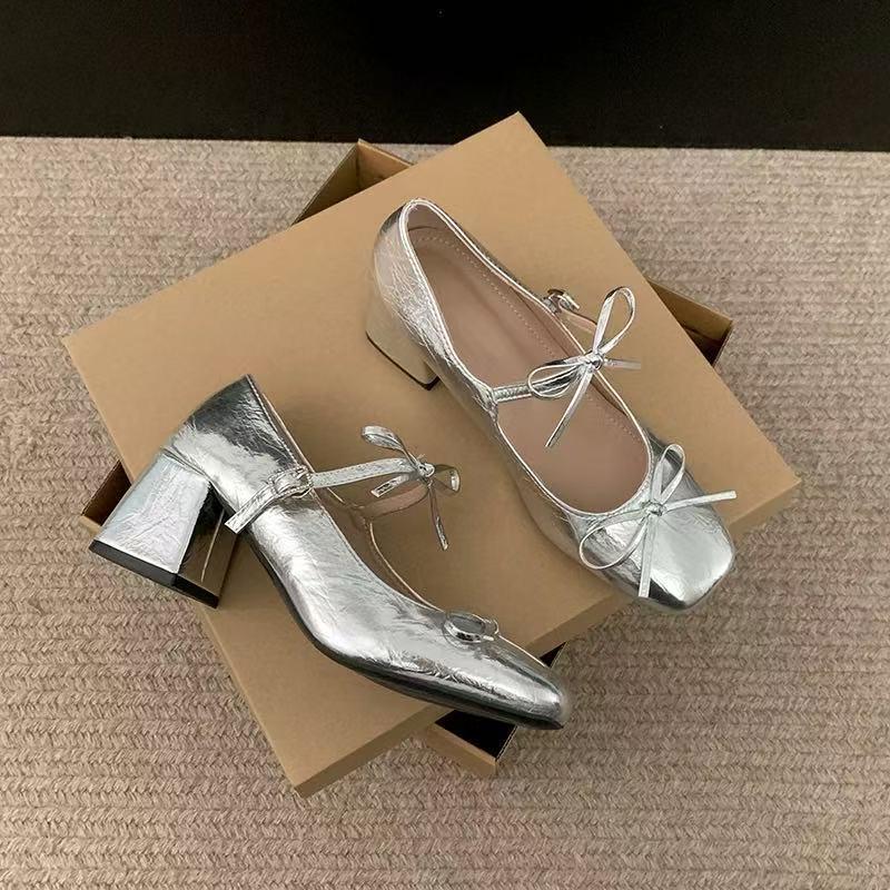 2025 New Versatile Silver French Bow Mary Jane Skirt Shoes - Women's Chunky Heel Spring Edition
