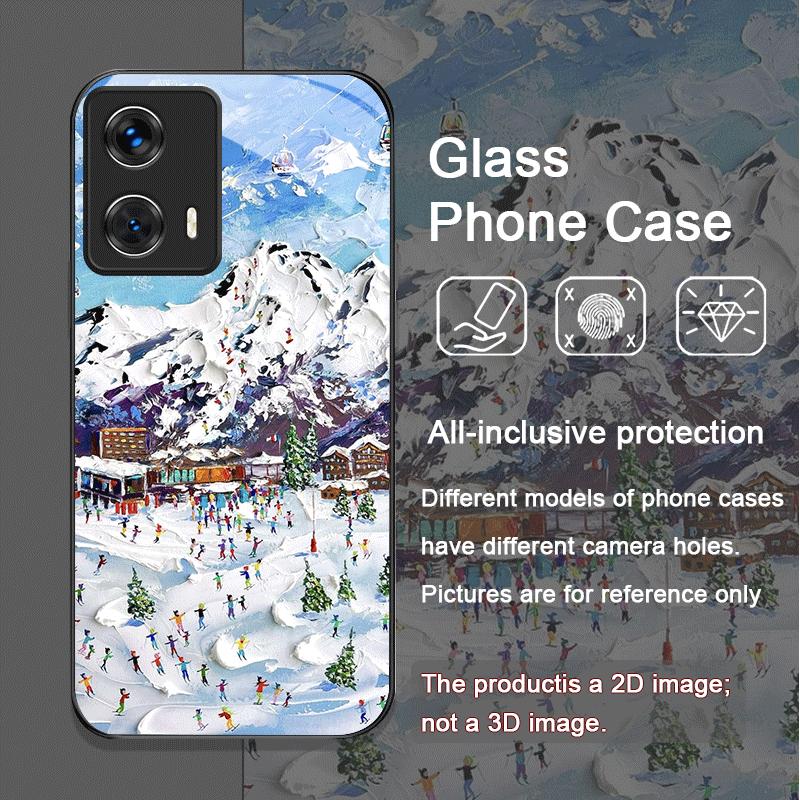 Oil Painting Art Snow Scenery Skiing Tempered Glass Phone Case for Motorola Moto G85 G84 G75 Edge 50 Fusion 40 Neo 30 Pro Covers