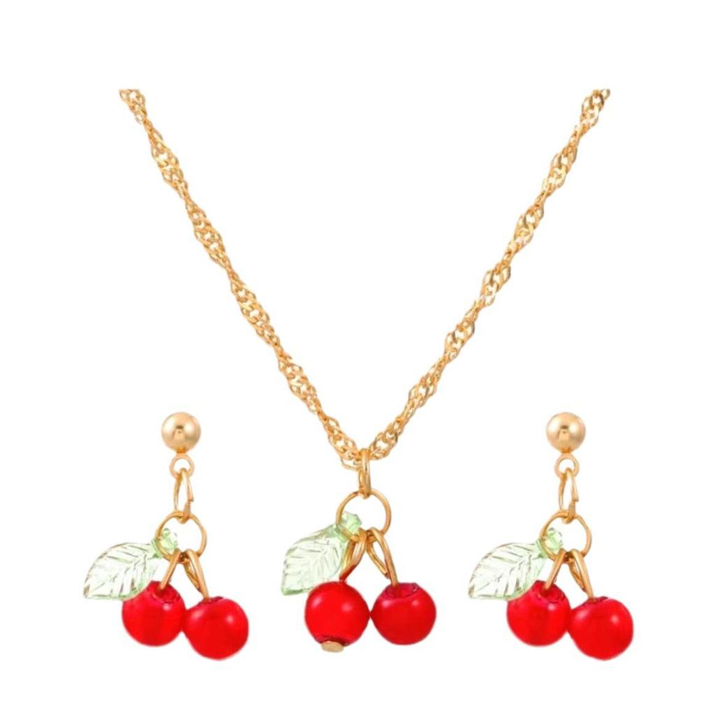 Cherry Red Necklace & Stud Earrings Set: Light Luxury, Niche Design, Clavicle Chain, 3-Piece Women's Jewelry