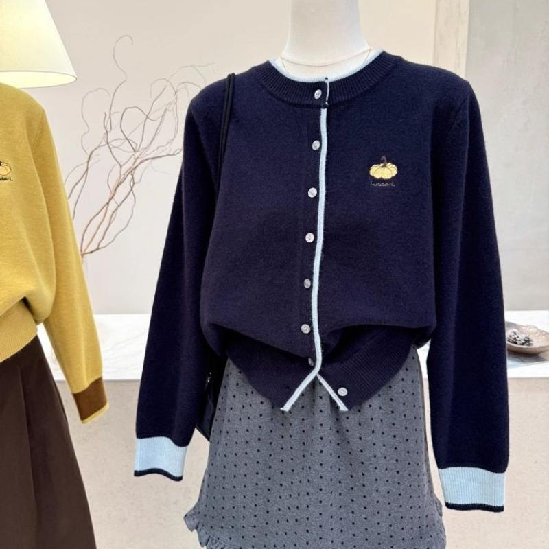 

Вязаный кардиган-жакет в корейском стиле с вышивкой контрастного цвета, женский, 2025, осень-зима, новый, топ-свитер с круглым вырезом OneSize синий