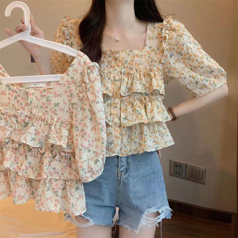 

Women s Square Neck Floral Chiffon Blouse - Ruffle Sleeve, Slimming Design, 2023 Summer Collection L 50-62.5 kg