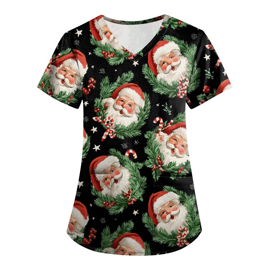 Plus SizePrinted Scrub Working Uniform Tops For Women's Cross V-Neck Print Short Sleeve Fun T-Shirts Workwear Tee With Pockets