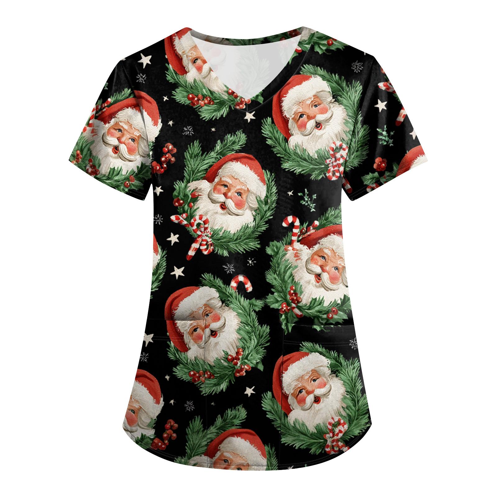 

Большой размер Принтованный скраб Рабочая униформа Топы для женских V-образный вырез с запахом Принт Короткий рукав Веселые футболки Рабочая одежда Футболка с карманами L