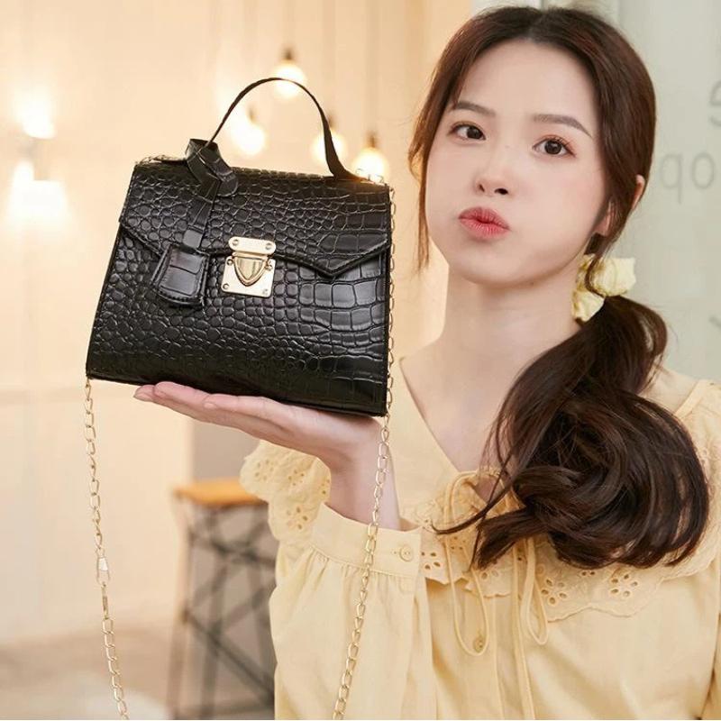 Crocodile Embossed Pu Leather Top Handle Handbag With Secure Metal Lock Color Options For Daily Work Shopping Dating