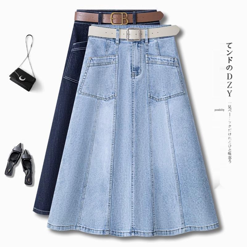 

Summer 2025 Light Blue A-Line Denim Midi Skirt for Women - Slimming, Loose Fit, Hip-Covering, Midi Length, Wide Hem 3XL [135-145 lbs]