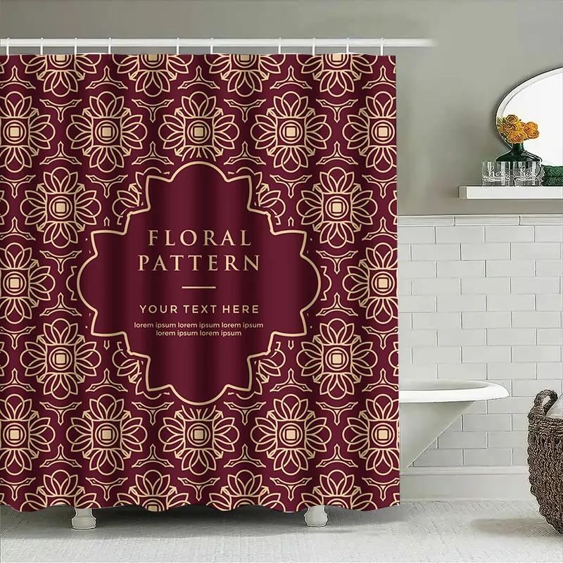 Vintage Floral Shower Curtain Luxurious Red Gold Decorative Pattern Bathroom Liner  Text for Home Decoration