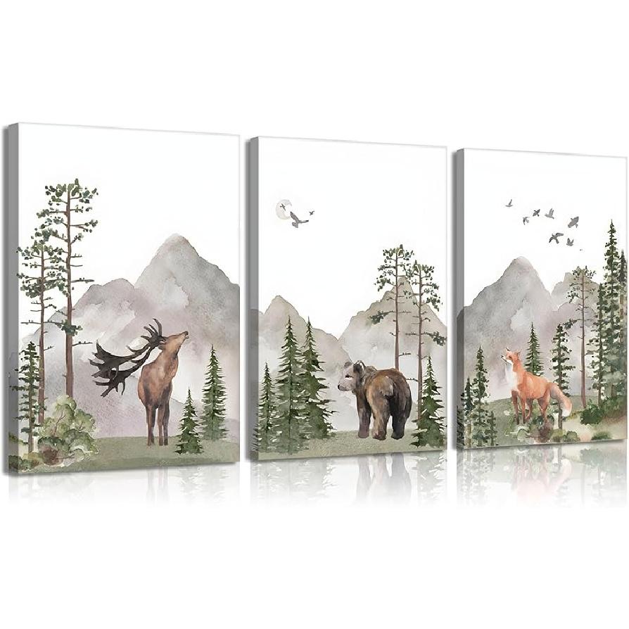 

YBARTZQ Картины на холсте в раме для детской комнаты в лесной тематике, Принты с дикими животными, Лесной настенный декор, Постеры на холсте на тему приключений, Акварельные картины с оленем, медведем, лисой 16L x 12W