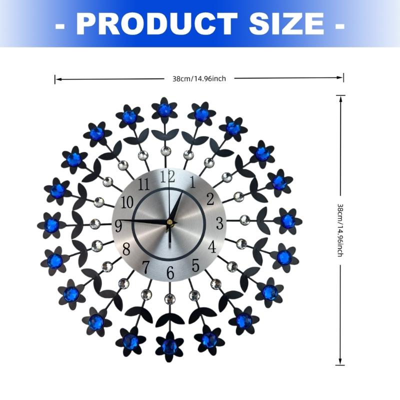 Crystal Flowers Wall Clock None-Ticking Silents Battery Operated Clocks Decorative Wall Clocks for Living Room Decors