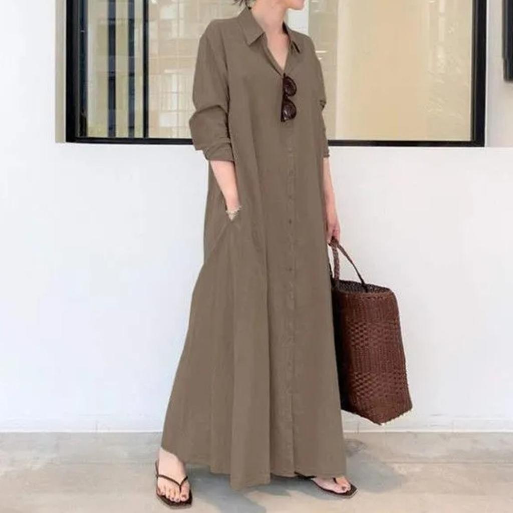 Women's Lapel Long Sleeve Plug Pocket Loose Casual Long Shirt Dresses