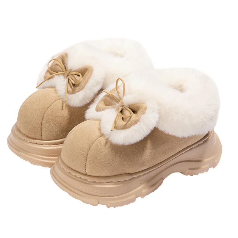 Mingsheng's New Cute Bow Autumn and Winter Fluffy Versatile Bag Head Cotton Shoes with Velvet Thick-soled Snow Boots