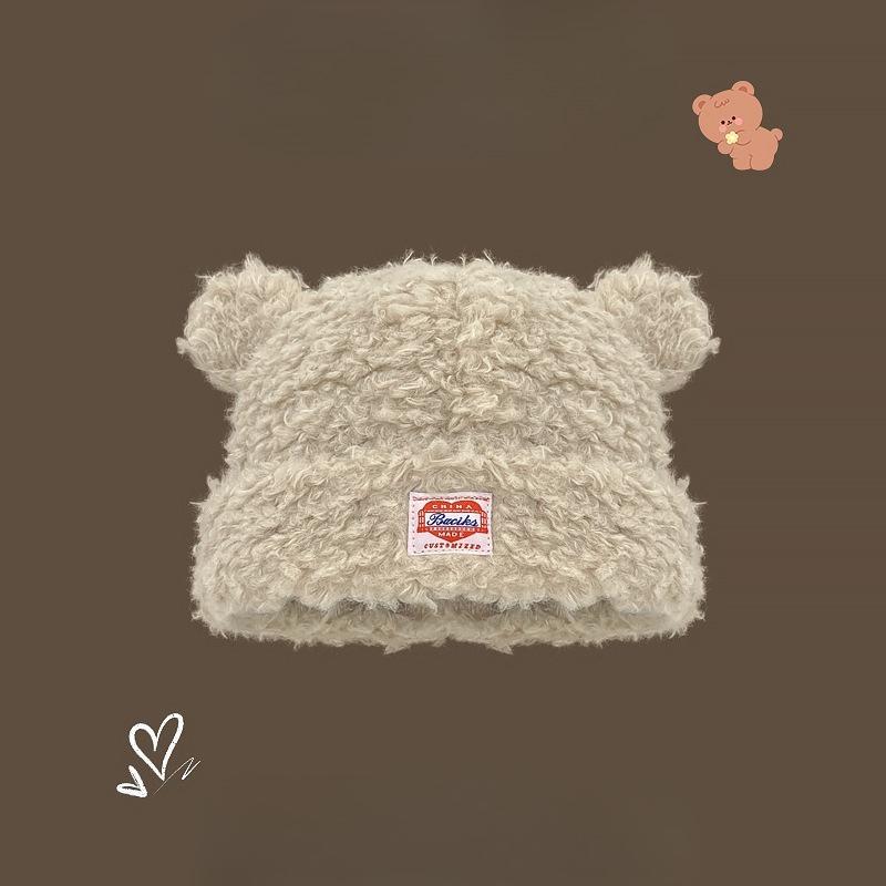 Korean Version of Cute Lamb Wool Bear Ear Label Pullover Hat for Women in Autumn and Winter Thickened Fashion Trend Versatile Basin Hat